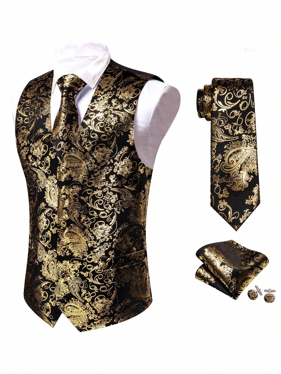 Docapeiton Plus Size Men Waistcoat Gold Paisley Regular Fit Vest Tie And Pocket Square Cufflinks Set 1XL-3XL - Gold - View 1