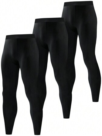 3pcs/Set Men's Solid Color Compression Tights - Breathable Quick Dry, High Elasticity Sports Tight Pants, Suitable For Gym, Running And Cycling