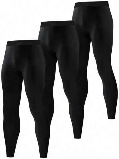 Set de 3 leggings de compresión de unicolor para hombre - Transpirables de secado rápido, con alta elasticidad, pantalones ceñidos aptos para gimnasio, correr y ciclismo