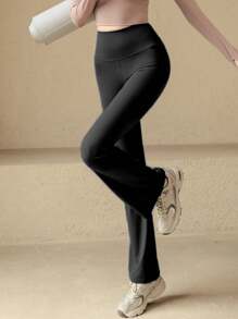 女士瑜伽喇叭裤，透气运动长裤 - 黑色 - 查看 2