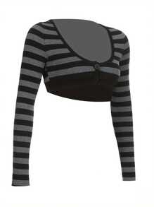 Womens Y2k Crop Tops U-Neck Button Up Long Sleeve Striped Shrug Slim Fit Vintage T Shirt - màu đen - Xem 5