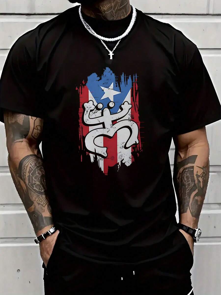 1 Piece, 100% Cotton, Puerto Rico, Creative Tree Frog Pattern, Men's Universal Leisure, Rich And Interesting Cartoon Style, Men's Short-Sleeved Printed T-Shirt, Street Collar Cotton Short-Sleeved T-Shirt, Fashion T-Shirt, Holiday Gift.