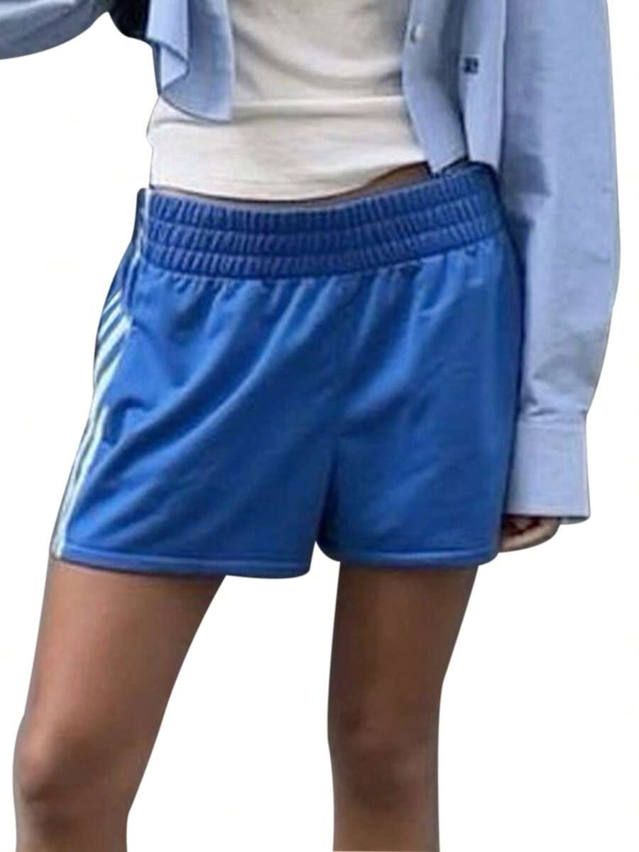 Women's Striped Running Shorts Casual Elastic High Waisted Wide Leg Sweat Shorts Lounge Workout Mini Leggings Pants - Blue - View 1