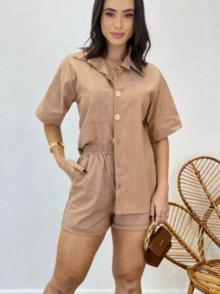 Linen Set / Shirt And Shorts / With Elastic Waistband - 卡其色 - 查看 1
