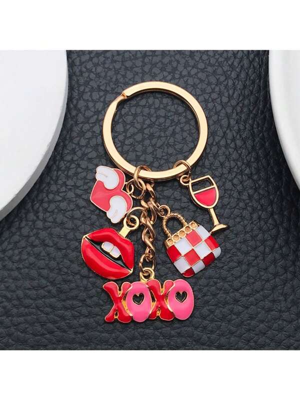 1pc Women's Fashionable Cartoon & Heart XOXO Lipstick Keychain, Versatile Gold Color, Suitable As Valentine's Day Gift, Party Favor, Home Key Accessory Valentines