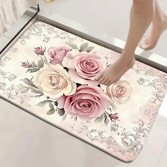 1pc Courtyard Peony Flower Bath Mat, Machine Washable, Absorbent And Non-Slip, Soft & Thick Polyester Fiber Doormat, Suitable For Bathroom, Shower, Laundry Room, Bedroom, Home Decor Home Bathroom Decor Bath Rug Floor Carpet Outdoor Rug Door Mat Summer Bathroom Accessories Back To School