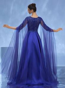 DELLA COUTURE Handmade Contrast Sequin Decorated Formal Gown, Elegant Fitted Robe, Suitable For Parties, Galas, Weddings And Other Formal Occasions, Ball Gown And Cocktail Dress, Party Dress, Wedding Guest Dress, Evening Dress - Blue - View 3