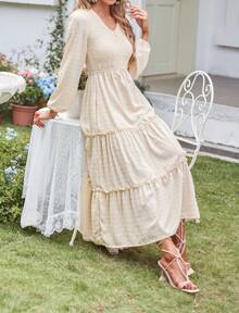 Women's Autumn Long Sleeved Mid Length Dress, With A Cinched Upper Body And A Pocket Style Princess Style Puffy Skirt Included - Apricot - View 5