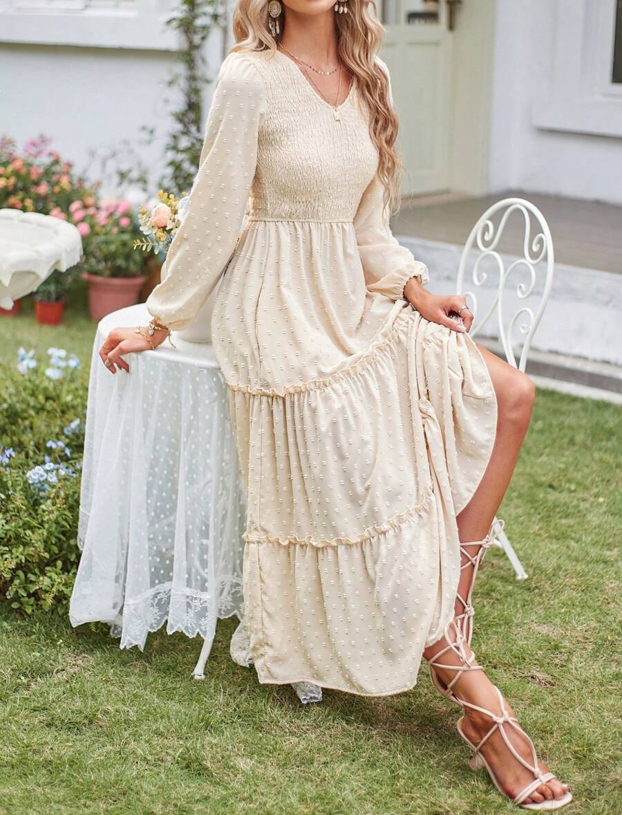 Women's Autumn Long Sleeved Mid Length Dress, With A Cinched Upper Body And A Pocket Style Princess Style Puffy Skirt Included - Apricot - View 1