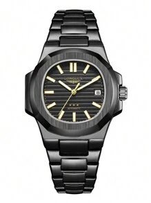 LONGLUX 1pc Men's Automatic Mechanical Watch With Calendar Display, Black Classic Steel Band