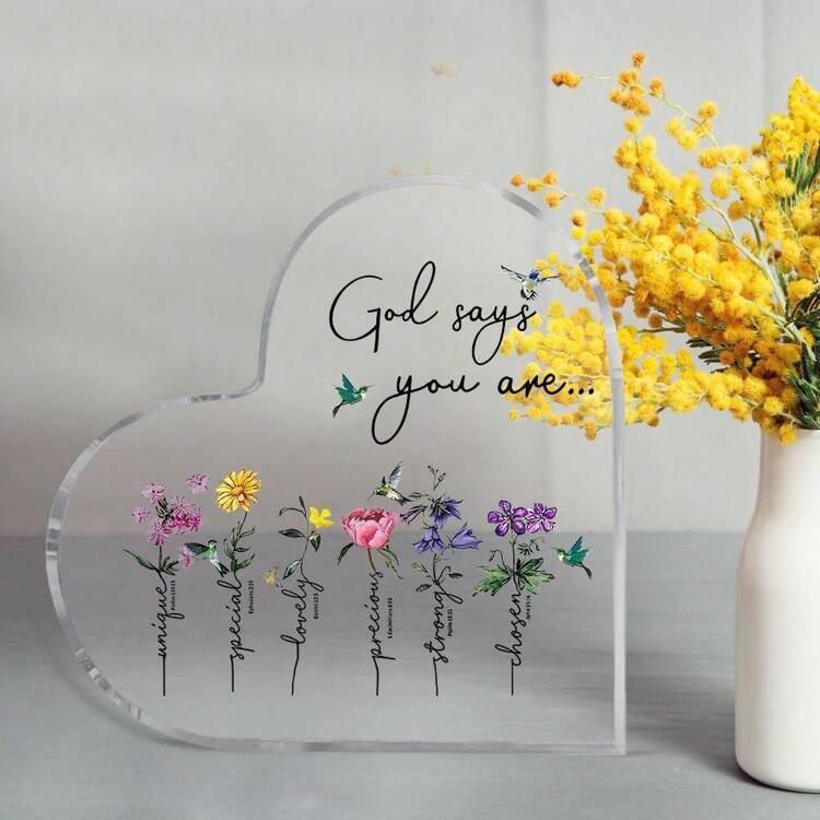 1 pieza Decoración contemporánea de acrílico con forma de corazón y versículos inspiradores de la Biblia, diseño floral - Decoración de mesa cristiana para el hogar y la oficina - Regalo único para mujeres - transparente - Añade 5