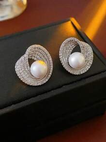 Ellevyn 女士锆石圆形珍珠耳环个性化不对称耳钉优雅高感简约珠宝婚礼女孩女士日常派对配饰、时尚珠宝、最佳朋友礼物 - 銀色 - 查看 3