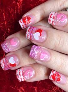 24Pcs Short Square Nails, Creative Valentines Nails Romantic Love French Fake Nails Nail Art, Press On Nails , Wedding Dresses Bride Valentine'S Day Gift. Nail Supplies Nails