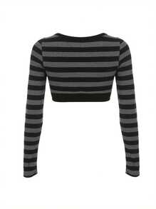Womens Y2k Crop Tops U-Neck Button Up Long Sleeve Striped Shrug Slim Fit Vintage T Shirt - màu đen - Xem 7