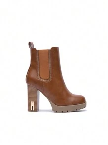 2025 秋冬女士踝靴和短靴，休闲风格，系带机车靴，适合万圣节、圣诞节、中国新年、约会、购物、户外雪地旅行。 - 駝色 - 查看 3