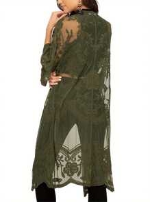 Women Casual Beachwear Cardigan, Solid Color 3/4 Sleeve See-Through Embroidery Flower Cover-Up - Green - View 2