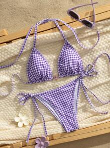 European & American Plaid Print Halter Neck Bikini Set, For Summer Vacation - Purple - View 1