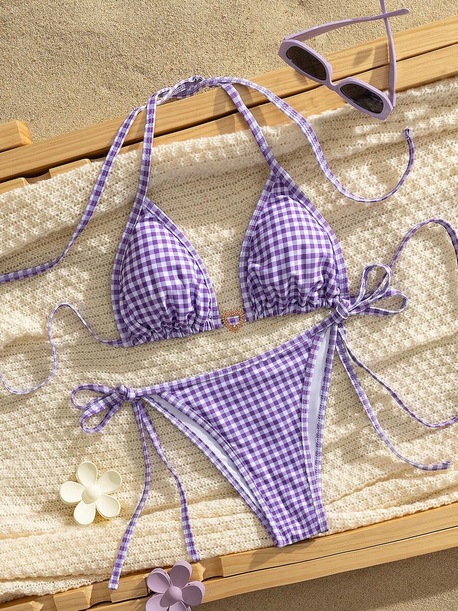 European & American Plaid Print Halter Neck Bikini Set, For Summer Vacation - Purple - View 1