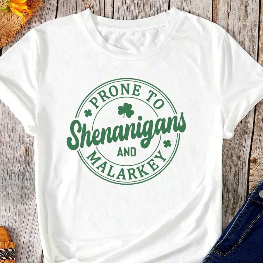 St. Patrick's Day Letter Print T-Shirt For Men And Women Round Neck Cotton Short Sleeve Sports T-Shirt For All Seasons - trắng - Xem 1