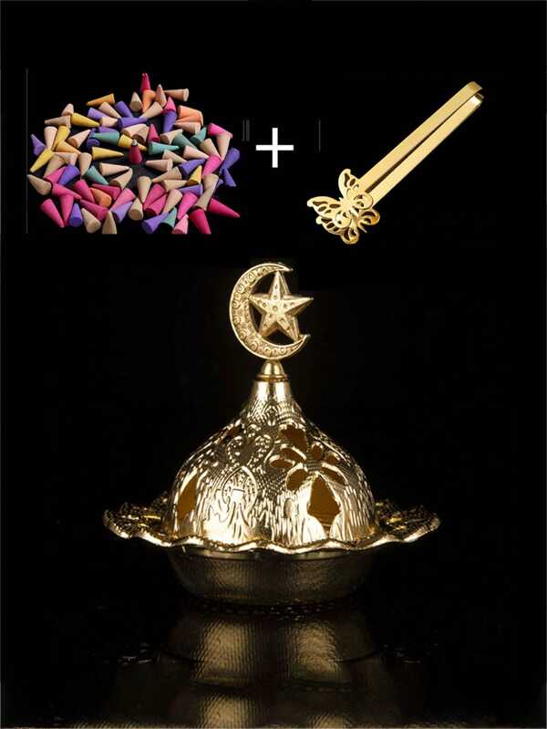 Set de 3 quemadores de incienso de metal con diseños de estrellas y lunas huecas doradas, soporte de incienso para decoración de escritorio en el hogar