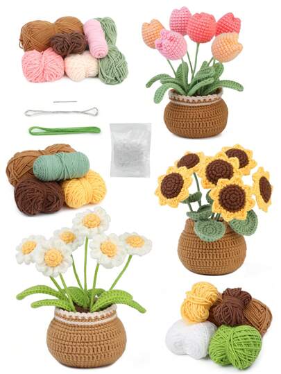 1 Set Crochet Kit Suitable For Beginners, Handmade Crochet Yarn Floral Bouquet, Materials For Tulip & Sunflower Potted Plants, Includes Basic Accessories And Tutorials