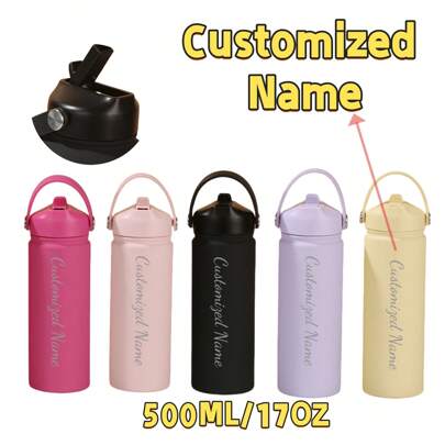 1pc Customized Name 500ml/17oz Stainless Steel Sports Water Bottle, Wide Mouth Portable Handle Cup, Outdoor Drinking Bottle, Rubber Coated Soft Touch Premium,Multi-Functional, ,Ornamental,Reusable,Exquisite,Stylish,High-Quality,Colorful,Modern,Custom,Personalized,Unique