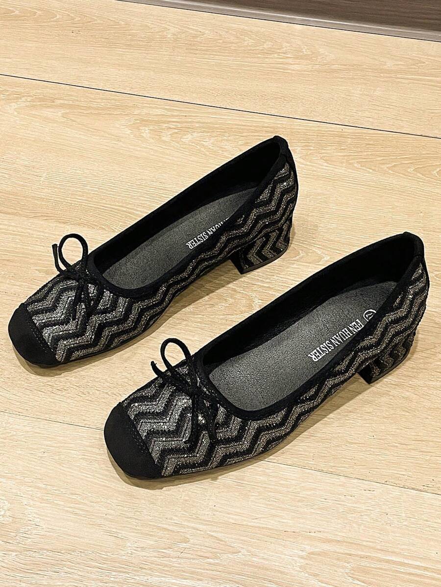 Square Toe, Chunky Heel Women Shoes, Versatile Bow-Knot Flats, Fashion Slip-On Shoes, Black High Heels, Size Run Large