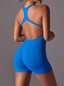 女式夏季露背镂空性感休闲无缝针织纯色运动户外紧身连体衣，女式简约纯色背心连体衣塑身衣 - 藍色 - 查看 1