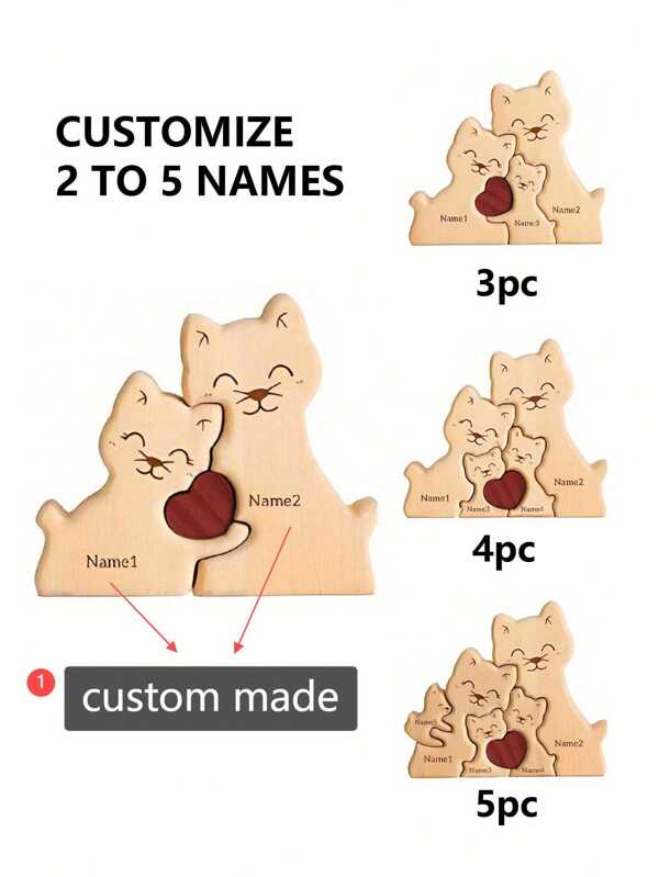 1pc Customized Cute Wooden Cat Shaped DIY Puzzle Craft Decor, Laser Engraved Personalized Name, Unique Family Puzzle Keepsake Gift For Valentine's Day High-Quality,Stylish Custom,Personalized,Unique Ideal Gifts For Her Boyfriend,Girlfriend For Valentine's Day,For Anniversaries,For Weddings Living Room,Home Birthday Graduation