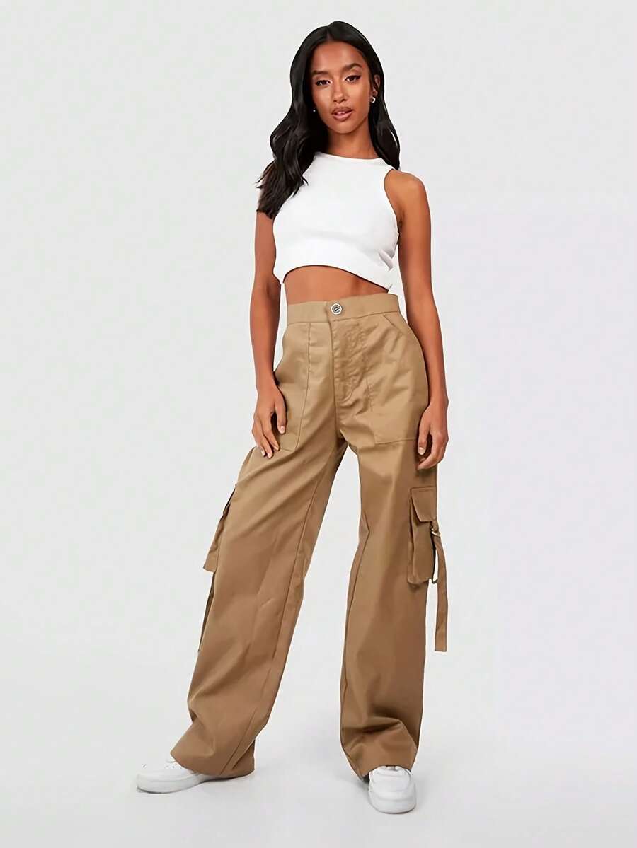 QIANZHIDU 女式直筒贴袋细节工装裤