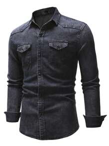 Camisas casuales de primavera y otoño para hombre, camisas con botones de unicolor de manga larga con solapa de tela vaquera para fiestas - Gris Oscuro - Ver 3