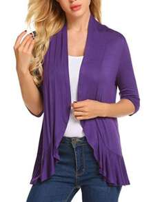 Women Spring Autumn Cardigan Tops, 3/4 Sleeve Casual Solid Color Ruffled Hem Thin Tops Coat - Purple - View 1