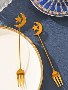 2pcs Star, Moon, Lantern Stainless Steel Kitchen Dessert, Cake, Fruit Fork Storage Jar Set, Suitable For Wedding, Party, Gift, Birthday - Multicolor - View 1