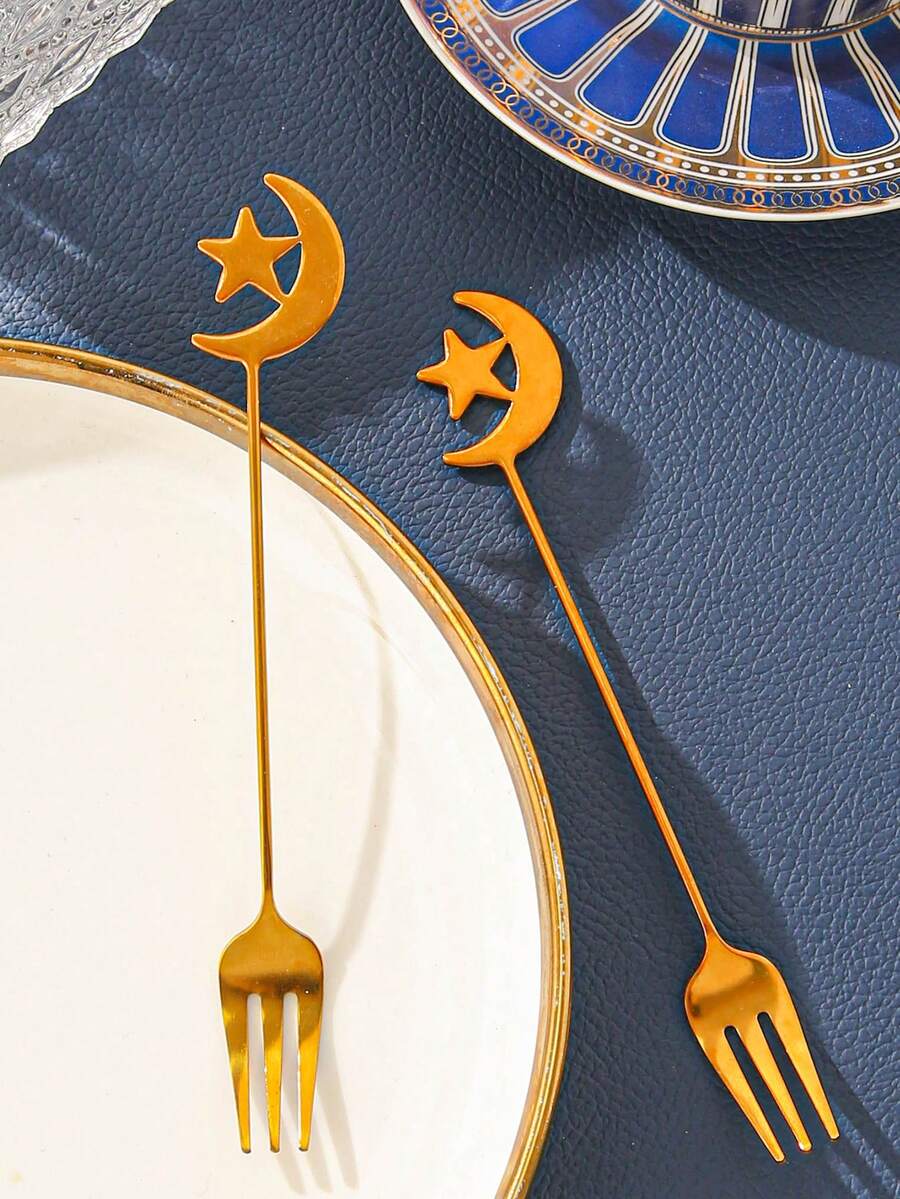 2pcs Star, Moon, Lantern Stainless Steel Kitchen Dessert, Cake, Fruit Fork Storage Jar Set, Suitable For Wedding, Party, Gift, Birthday - Multicolor - View 1
