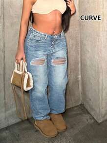 European And American Street Fashion New Hot Selling Hot Girls Daily Loose Casual Waist Elastic Washable Plus Size Women's Ripped Jeans - 淺色水洗藍 - 查看 2