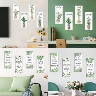 4pcs Plant Art Text Wall Decors & Green Plant Text Wall Decals, Self-Adhesive Removable PVC Stickers, Great For Home Decoration Personalised Stickers