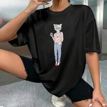 Unisex 100% Cotton Oversized T - Shirt With Stylish Cat - Lady Graphic