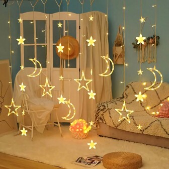 家居装饰仙女灯串 - 星星和月亮设计，适合派对、婚礼、生日、电池供电窗帘灯、卧室月亮星 LED 灯、宿舍装饰电池供电仙女灯、室内外装饰闪烁灯、家居装饰、房间装饰、墙壁装饰