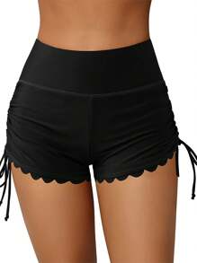 Bañador corto para mujer, cintura alta, cordón ajustable, dobladillo ondulado, liso, para verano, para surfear - Negro - Ver 1