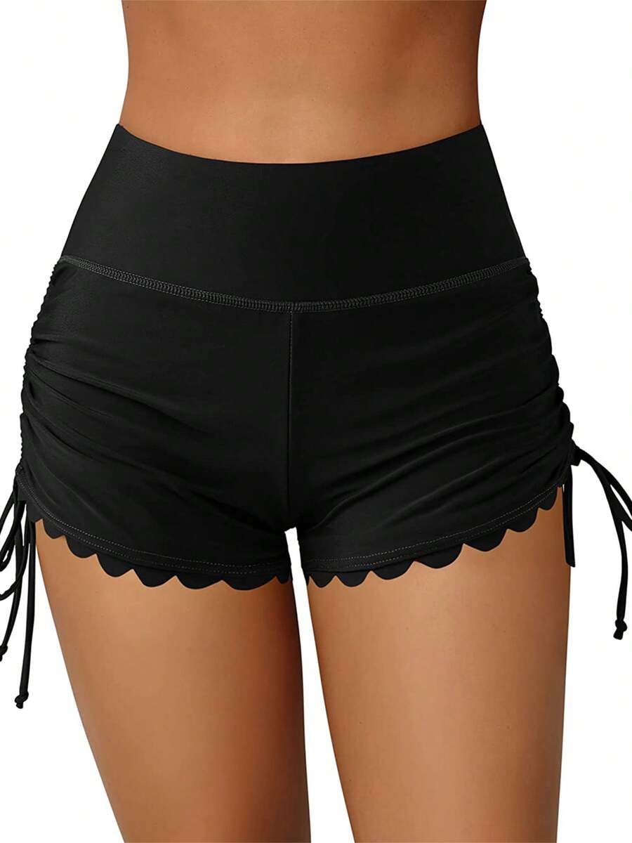 Bañador corto para mujer, cintura alta, cordón ajustable, dobladillo ondulado, liso, para verano, para surfear - Negro - Ver 1
