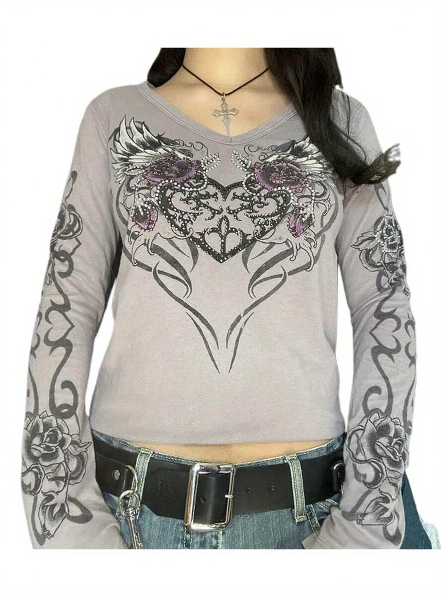 Womens Rhinestone Graphic T-Shirt Round Neck Long Sleeve Grunge Tops Casual Streetwear - màu đen - Xem 1