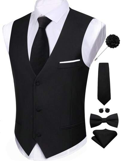 Docapeiton Gilet da uomo taglie forti in raso nero, vestibilità regular, set con cravatta, papillon, fazzoletto da taschino, gemelli e spilla a fiore, taglia 1XL-3XL, abbigliamento autunnale