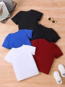 5pcs/Set Young Boy Summer Short Sleeve Letter & Bear Print Round Neck T-Shirts