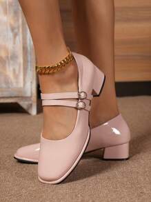 Fashionable Women Shoes, Simple & Versatile Double Buckle Strap Chunky Heels Mary Jane Pumps, Red & Violet Solid Color Ladies Flats