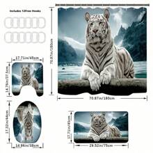 4pcs Tiger Pattern Shower Curtain Set, Bath Curtain With 12 Hooks, U-Shaped Mat, Toilet Cover Mat, Bathroom Decorations, Bathroom Accessories - Black - View 1