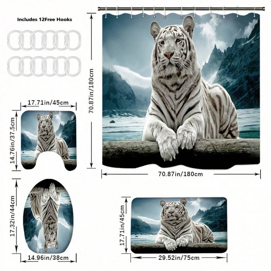 4pcs Tiger Pattern Shower Curtain Set, Bath Curtain With 12 Hooks, U-Shaped Mat, Toilet Cover Mat, Bathroom Decorations, Bathroom Accessories - Black - View 1