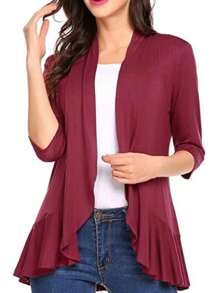 Women Spring Autumn Cardigan Tops, 3/4 Sleeve Casual Solid Color Ruffled Hem Thin Tops Coat - Burgundy - View 1