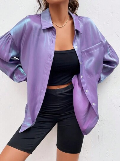 Damen Einfarbiges Knopfleisten-Hemd mit Langarm und Tasche, Lässig