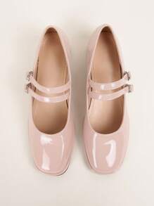 Fashionable Women Shoes, Simple & Versatile Double Buckle Strap Chunky Heels Mary Jane Pumps, Red & Violet Solid Color Ladies Flats