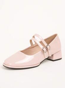 Fashionable Women Shoes, Simple & Versatile Double Buckle Strap Chunky Heels Mary Jane Pumps, Red & Violet Solid Color Ladies Flats